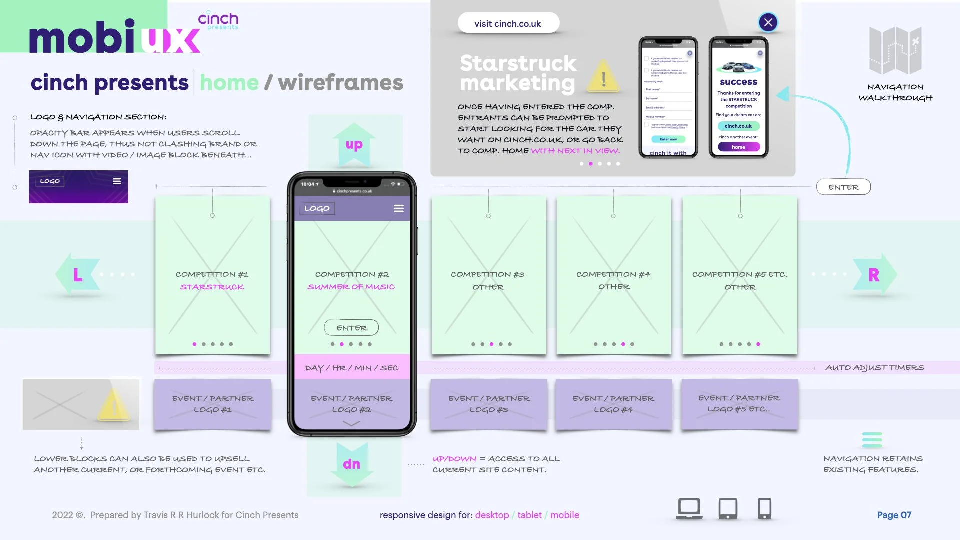 cinch presents mobile UX wireframes, home and competition navigation