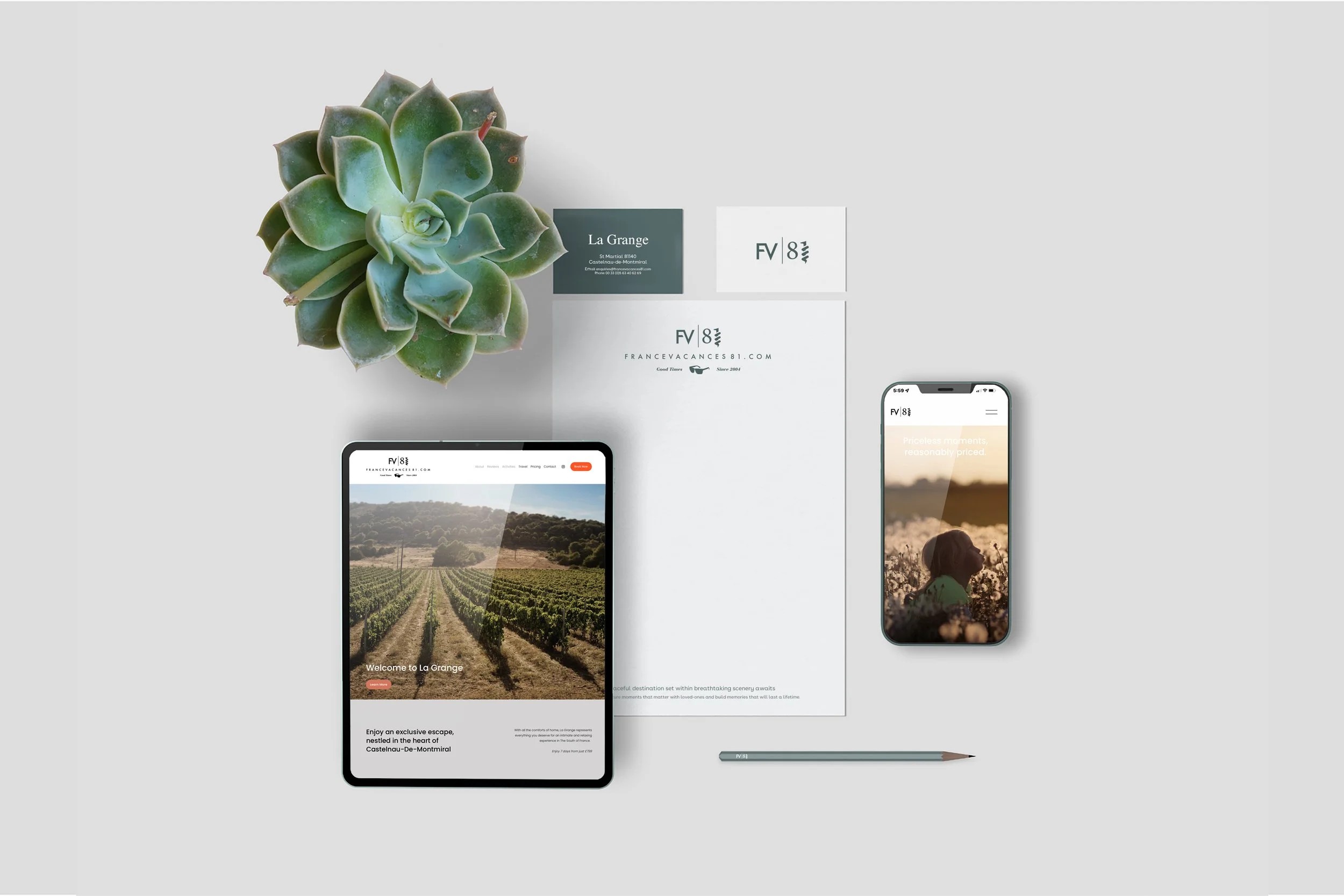 FV.81 brand collateral — business card, letterhead, site on tablet and mobile