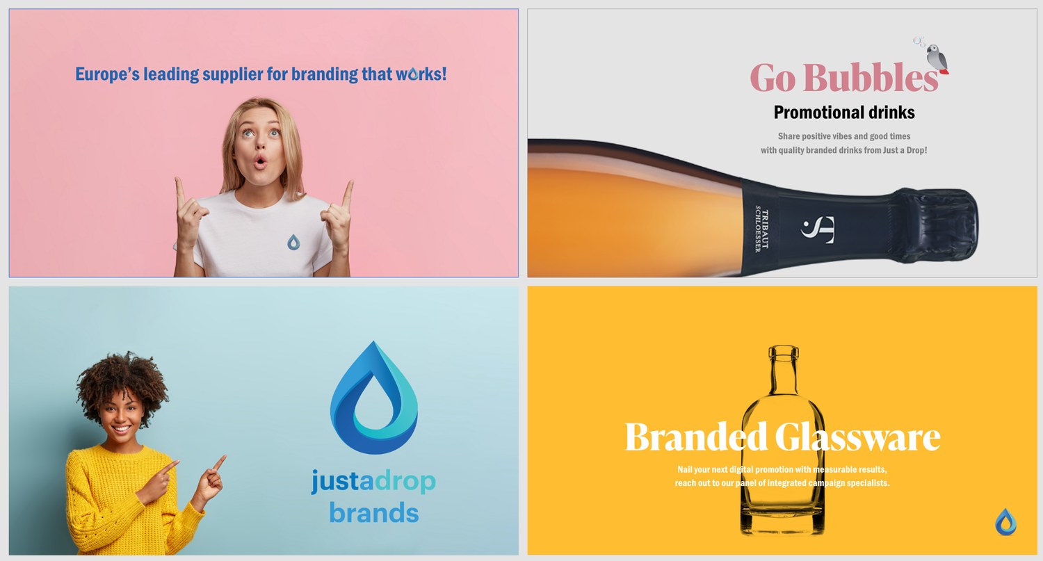 Homepage slider concept: brand intro, Bubbles, logo, glassware